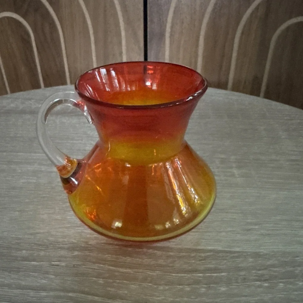 Vintage Amberina Art Glass Miniature Pitcher Red Yellow Ombre Hand Blown 3.5